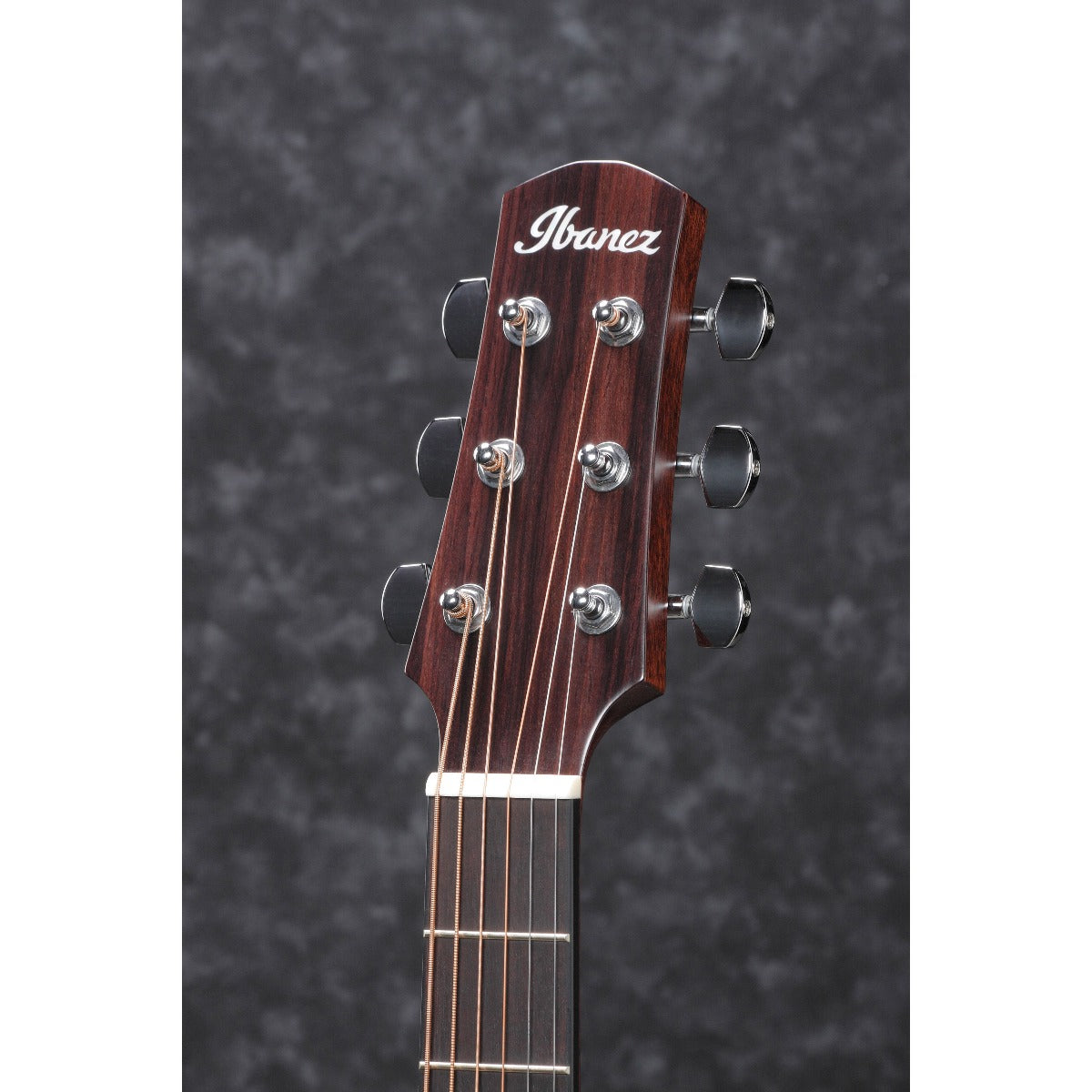 Detail view of Ibanez AAD100E Acoustic-Electric Guitar - Open Pore Natural showing headstock top