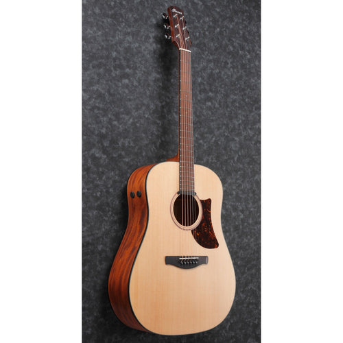 Perspective view of Ibanez AAD100E Acoustic-Electric Guitar - Open Pore Natural showing top and left side