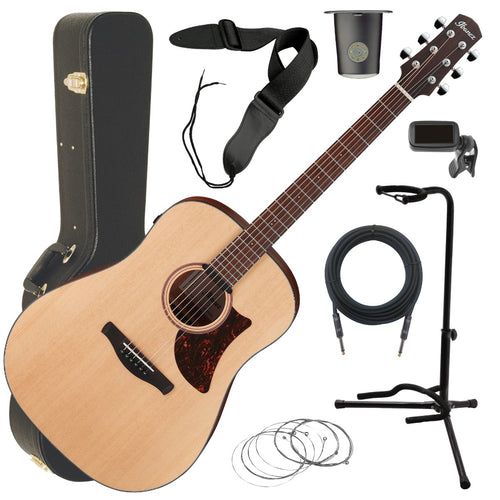 Collage image of the Ibanez AAD100E Acoustic-Electric Guitar - Open Pore Natural COMPLETE GUITAR BUNDLE