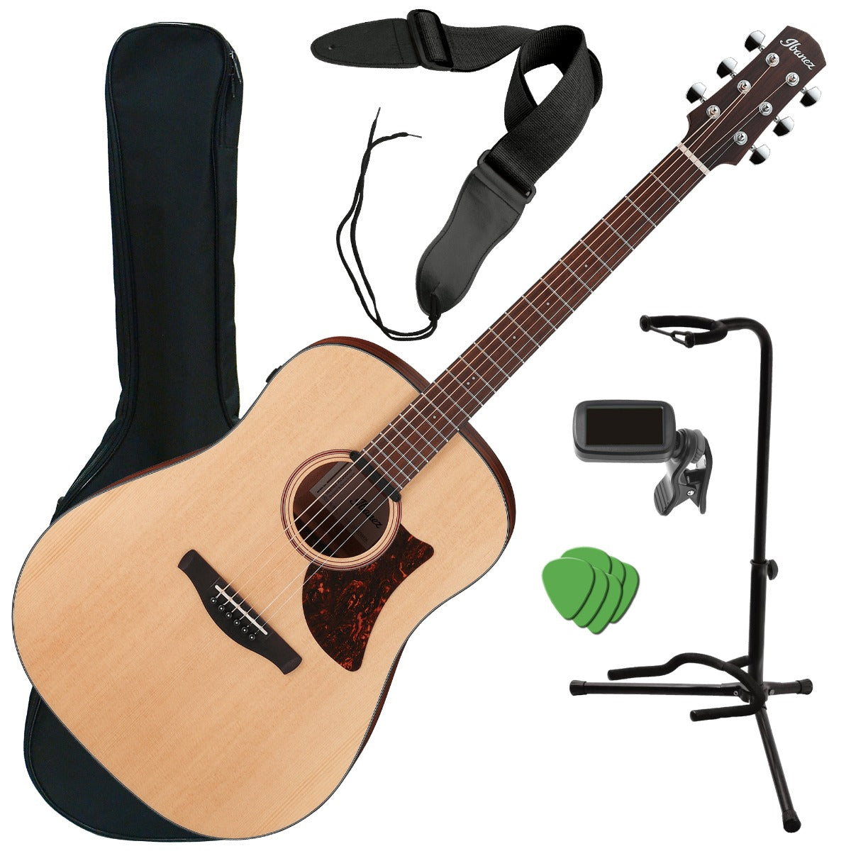 Collage image of the Ibanez AAD100E Acoustic-Electric Guitar - Open Pore Natural GUITAR ESSENTIALS BUNDLE