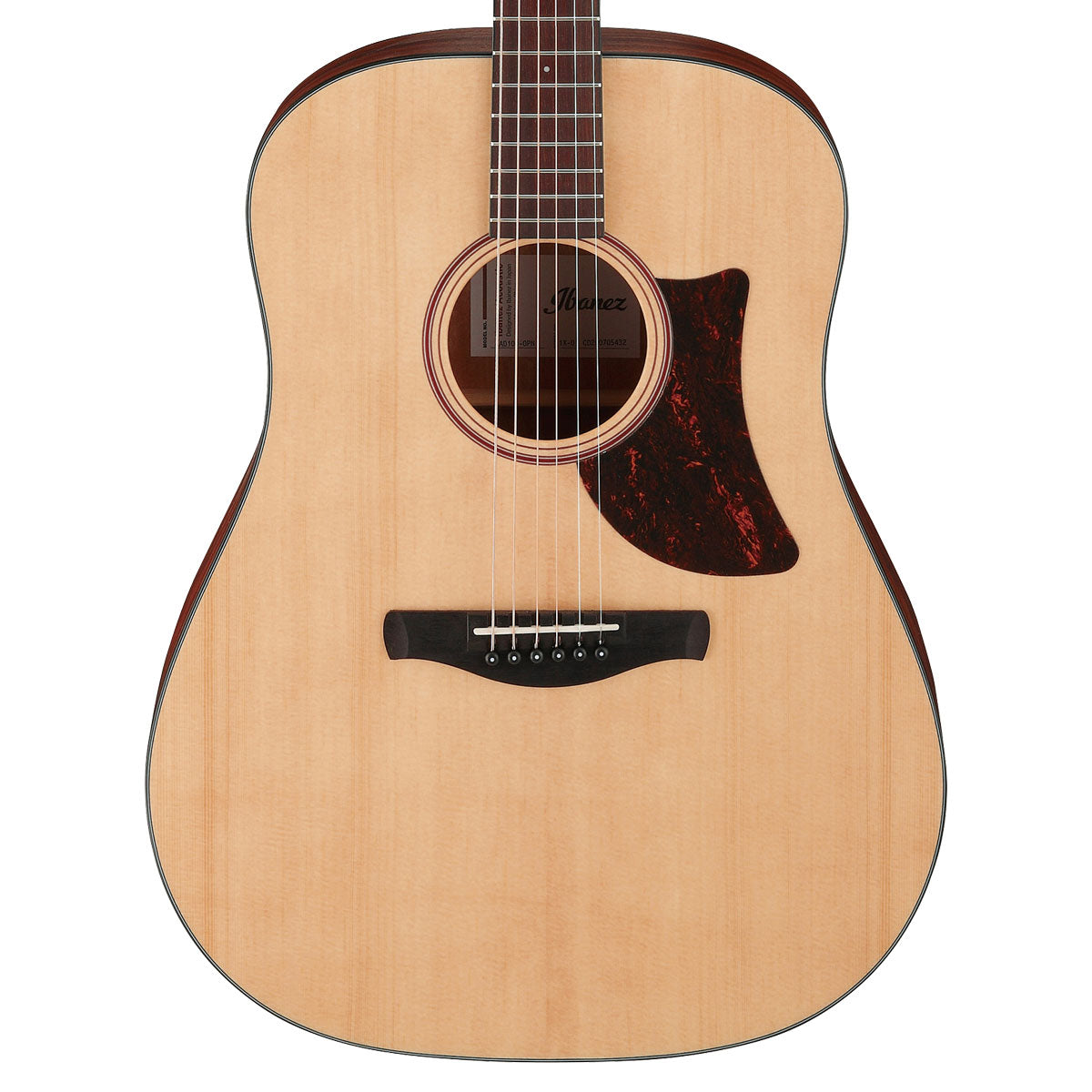 Close-up top view of Ibanez AAD100 Acoustic Guitar - Open Pore Natural showing body and portion of fingerboard