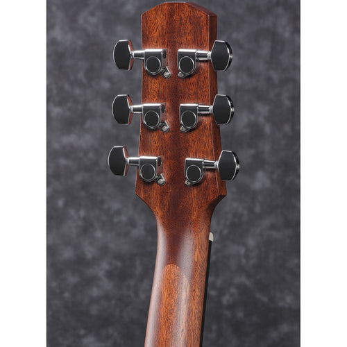 Detail view of Ibanez AAD100 Acoustic Guitar - Open Pore Natural showing back of headstock and portion of neck