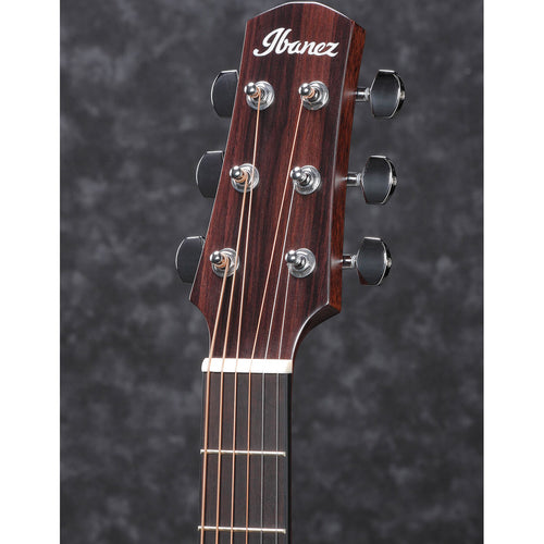 Detail view of Ibanez AAD100 Acoustic Guitar - Open Pore Natural showing top of headstock and portion of fingerboard
