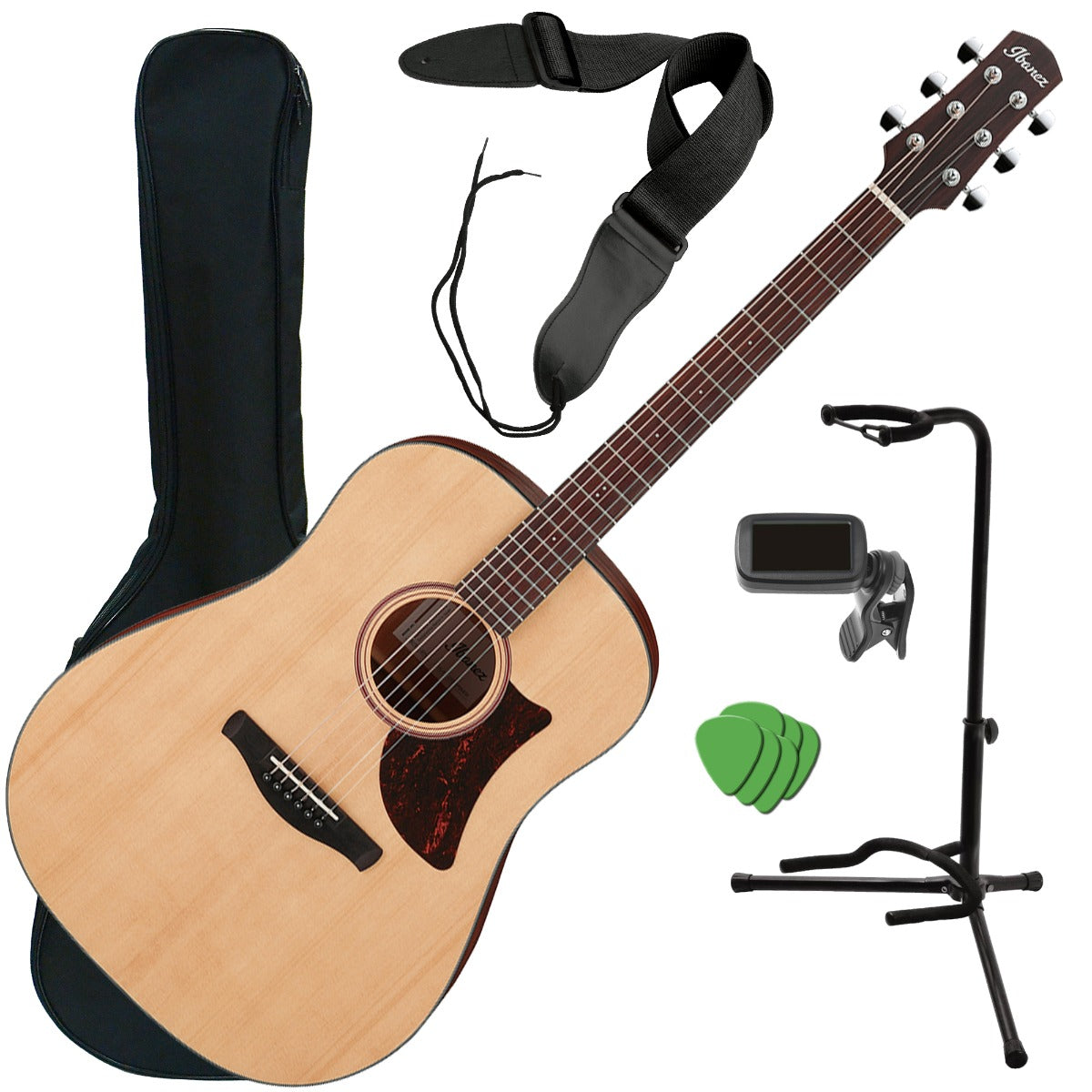 Collage image of the Ibanez AAD100 Acoustic Guitar - Open Pore Natural GUITAR ESSENTIALS BUNDLE