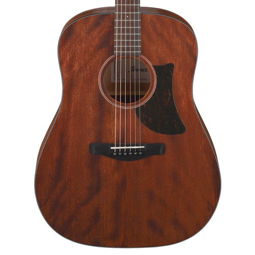 Close-up top view of Ibanez AAD140 Acoustic Guitar - Open Pore Natural showing body and portion of fingerboard