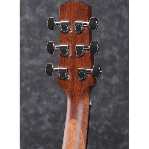 Detail view of Ibanez AAD140 Acoustic Guitar - Open Pore Natural showing back of headstock and portion of neck