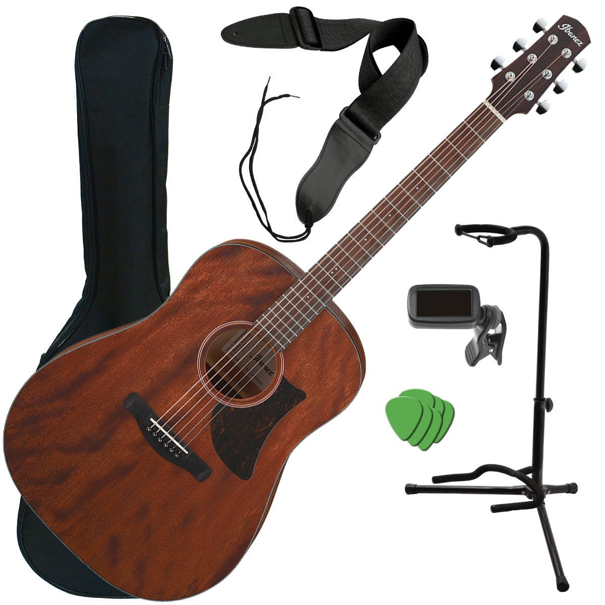 Collage image of the Ibanez AAD140 Acoustic Guitar - Open Pore Natural GUITAR ESSENTIALS BUNDLE