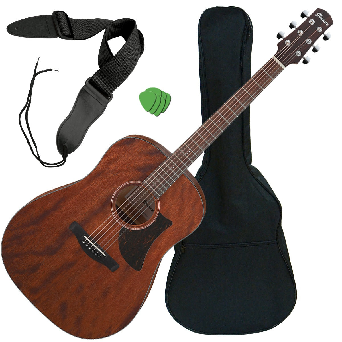 Collage image of the Ibanez AAD140 Acoustic Guitar - Open Pore Natural PERFORMER PAK bundle