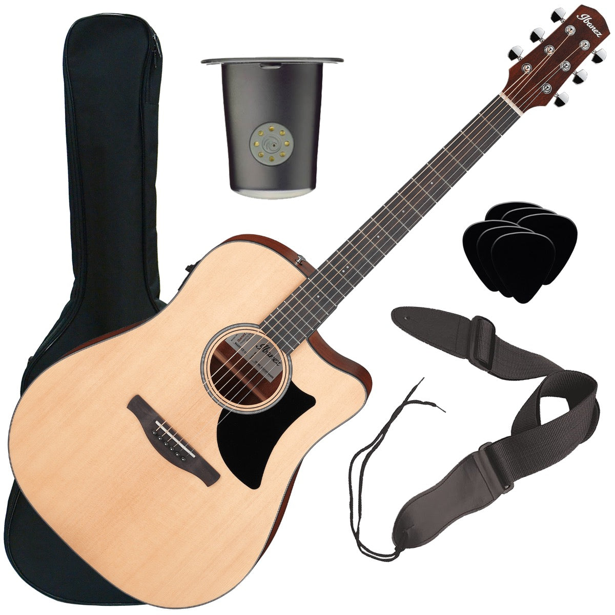 Collage of everything that is included in the Ibanez AAD50CE Advanced Acoustic-Electric Guitar - Low Gloss Natural PERFORMER PAK