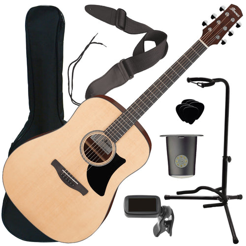 Collage of everything that is included in the Ibanez AAD50 Advanced Acoustic Guitar - Low Gloss Natural STAGE ESSENTIALS BUNDLE