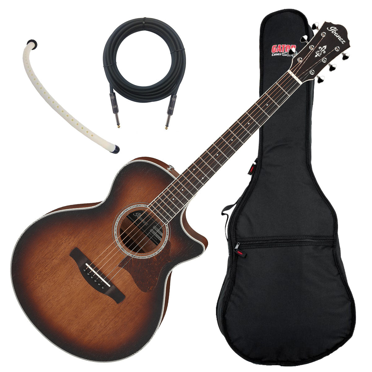 Collage image of the Ibanez AE240JR Acoustic Electric Guitar - Mahogany Sunburst BONUS PAK