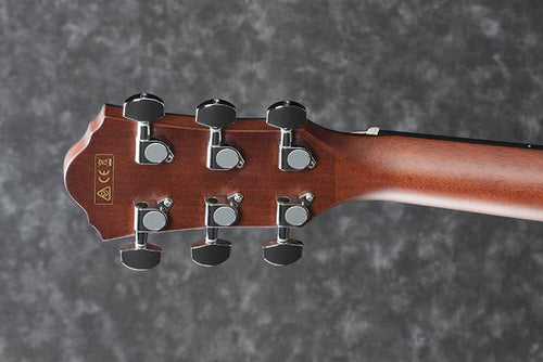 Close-up view of Ibanez AEG70 Acoustic-Electric Guitar - Vintage Violin showing back of headstock, tuning machines and portion of neck