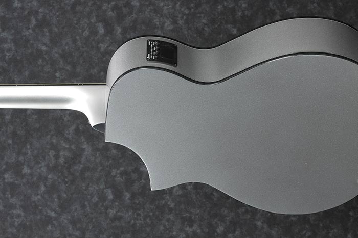 Detail perspective view of Ibanez AEWC10 Acoustic-Electric Guitar - Silver showing body rear and left side including electronics controls
