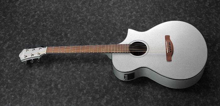 Perspective view of Ibanez AEWC10 Acoustic-Electric Guitar - Silver showing top and left side