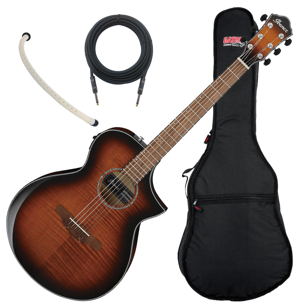 Collage image of the Ibanez AEWC400 Acoustic Electric Guitar - Amber Sunburst High Gloss BONUS PAK