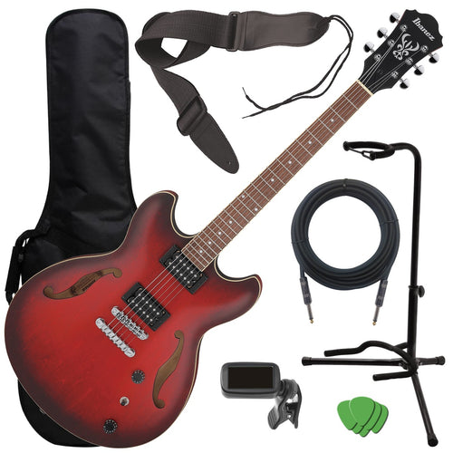 Collage of everything included in the Ibanez AS53 Artcore Semi-Hollow Guitar - Sunburst Red Flat GUITAR ESSENTIALS BUNDLE