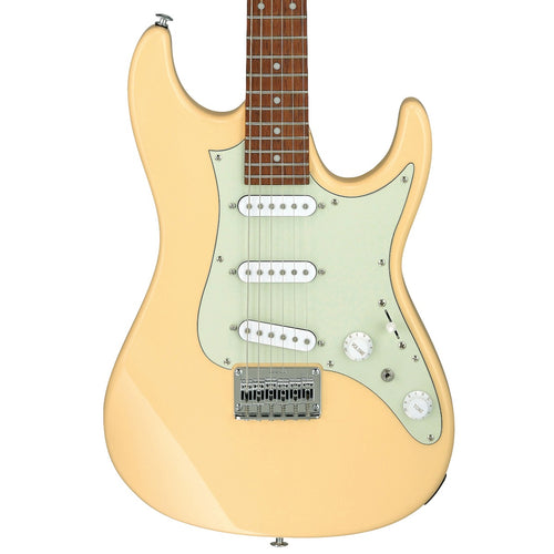 Close-up top view of Ibanez AZES31 Electric Guitar - Ivory showing body and portion of fingerboard