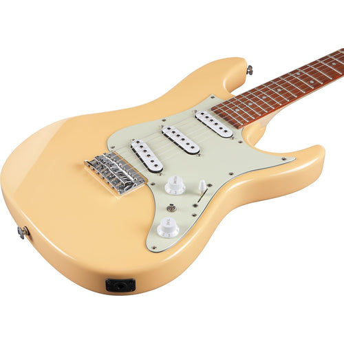 Close-up top view of Ibanez AZES31 Electric Guitar - Ivory showing top and right side of body and portion of fingerboard