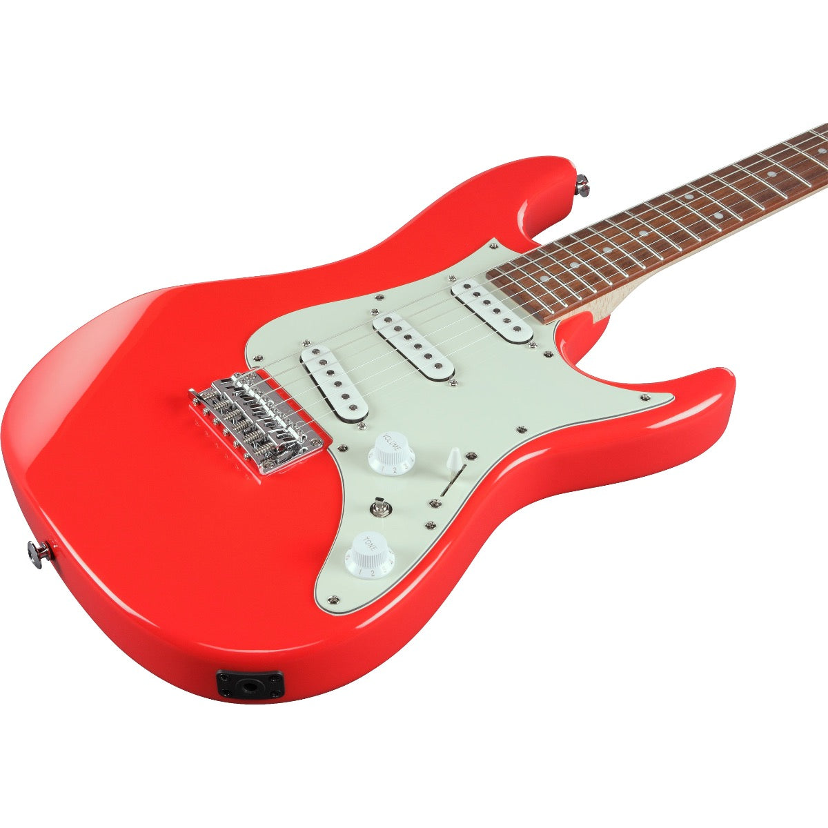 Close-up perspective view of Ibanez AZES31 Electric Guitar - Vermilion showing top and right side of body and portion of fingerboard