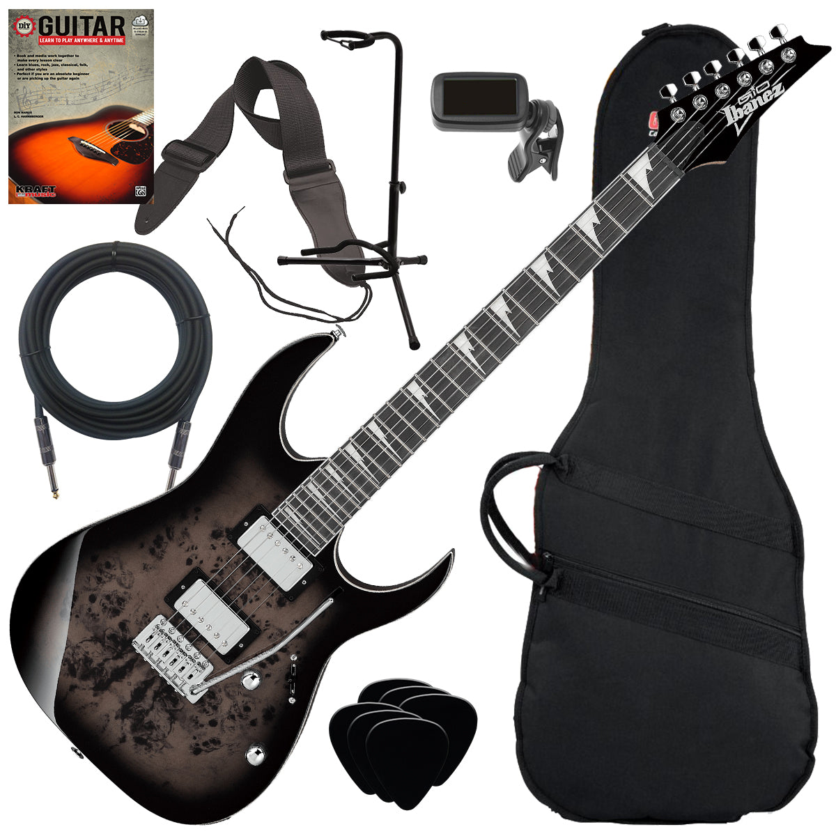 Collage image of the Ibanez GRG220PA1 Electric Guitar - Transparent Brown Black Burst GUITAR ESSENTIALS BUNDLES