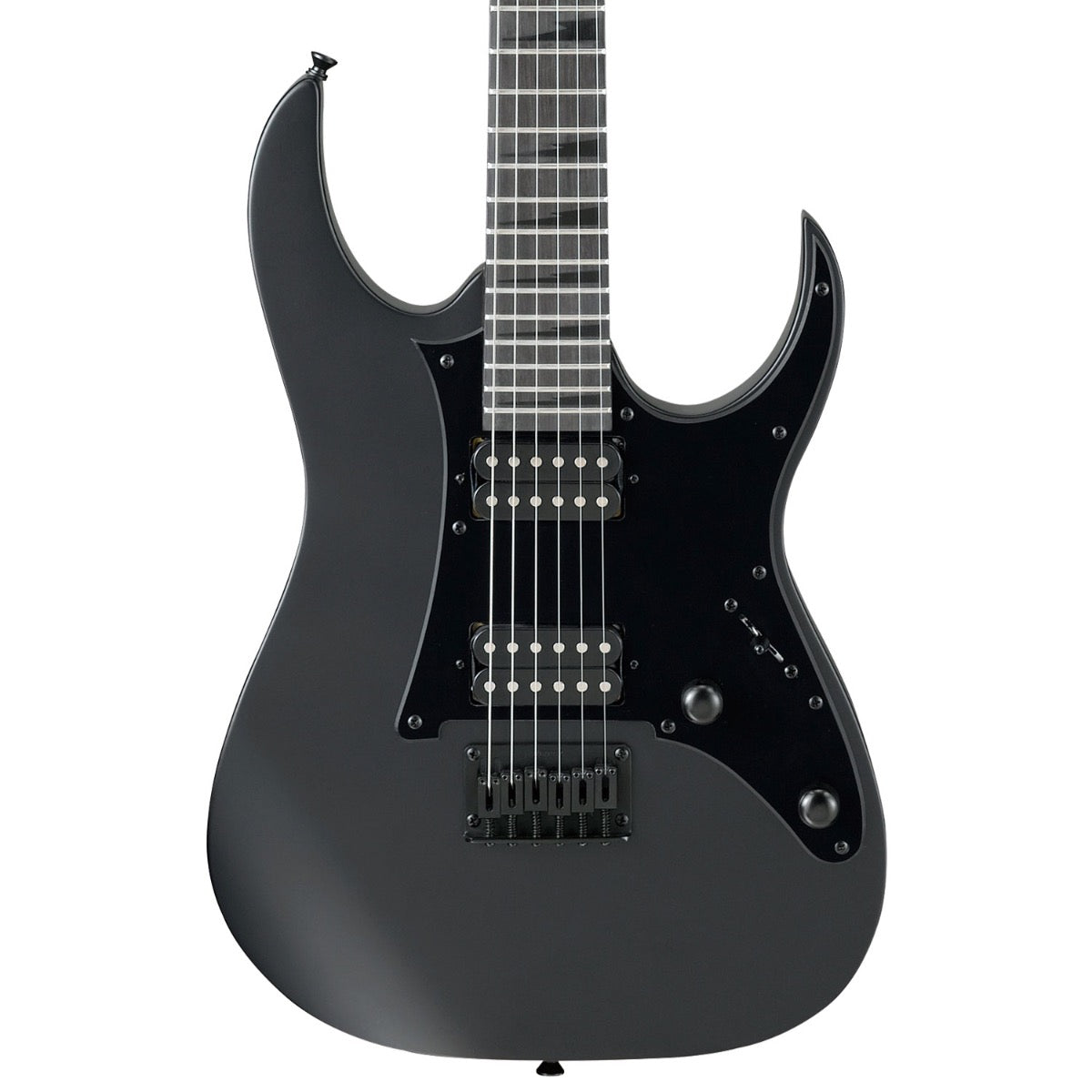 Close-up top view of Ibanez GRGR131EX GIO Electric Guitar - Black Flat showing body and portion of fingerboard