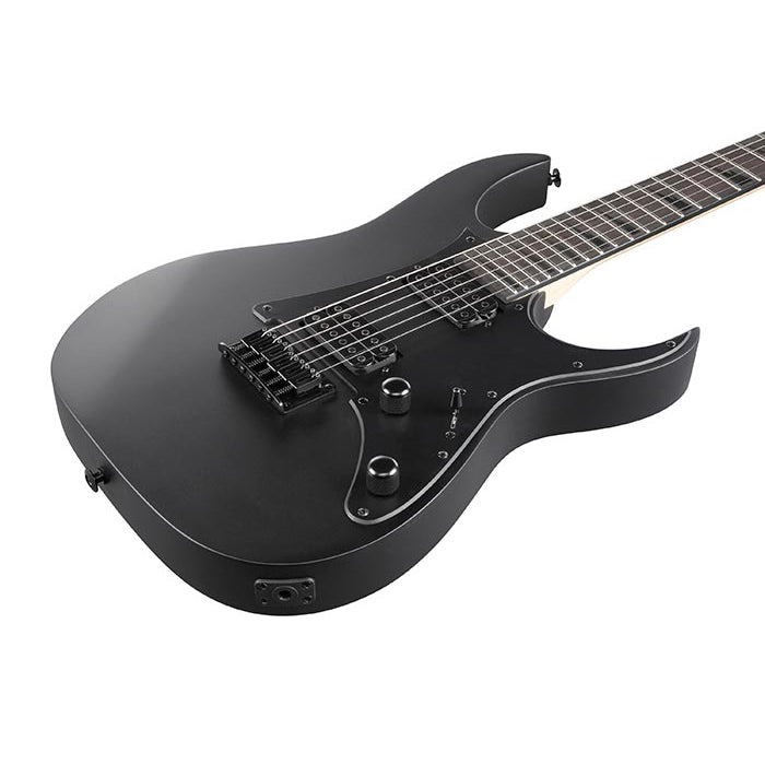 Close-up perspective view of Ibanez GRGR131EX GIO Electric Guitar - Black Flat showing top and right side of body and portion of fingerboard