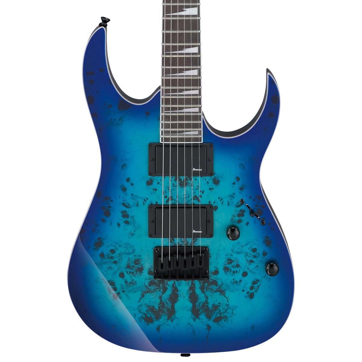 Close-up top view of Ibanez GRGR221PA GIO Electric Guitar - Aqua Burst showing body and portion of fingerboard