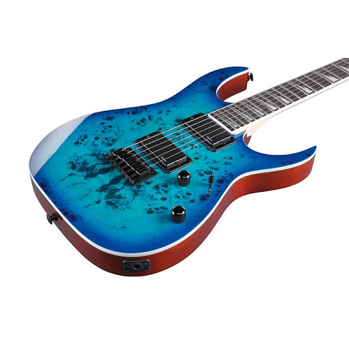 Close-up perspective view of Ibanez GRGR221PA GIO Electric Guitar - Aqua Burst showing top and right side of body and portion of fingerboard