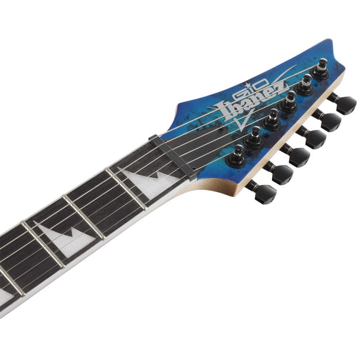 Detail view of Ibanez GRGR221PA GIO Electric Guitar - Aqua Burst showing top of headstock and portion of fingerboard