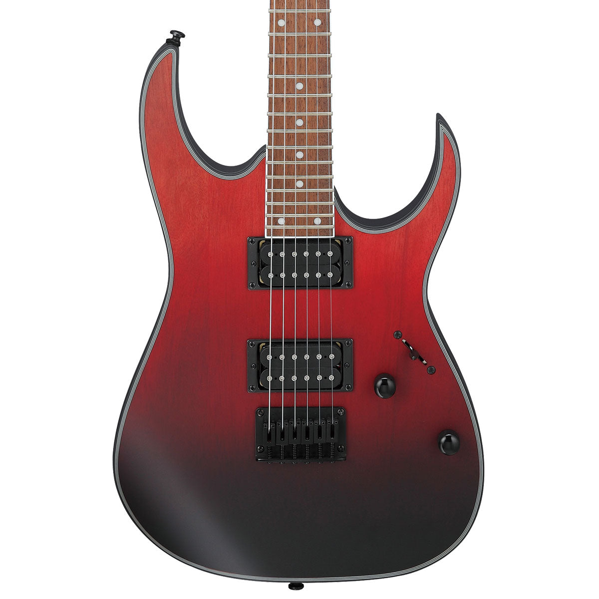 Close-up top view of Ibanez RG421EX Electric Guitar - Crimson Fade showing body and portion of fingerboard