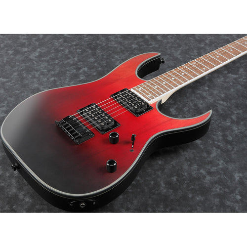 Close-up perspective view of Ibanez RG421EX Electric Guitar - Crimson Fade showing top and right side of body and portion of fingerboard