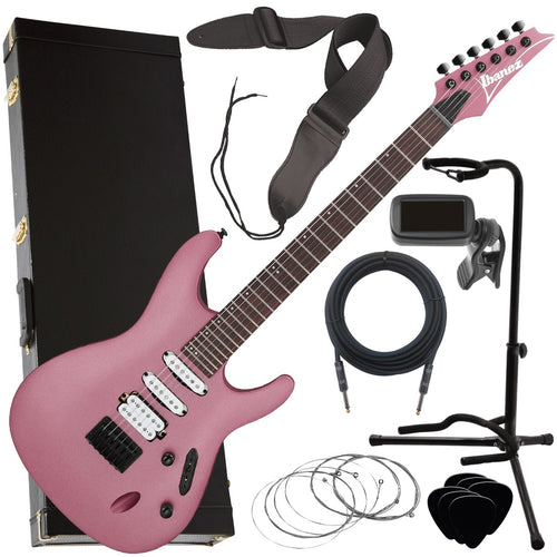 Collage of everything included in the Ibanez S561 S Standard Electric Guitar - Pink Gold Metallic Matte COMPLETE GUITAR PAK