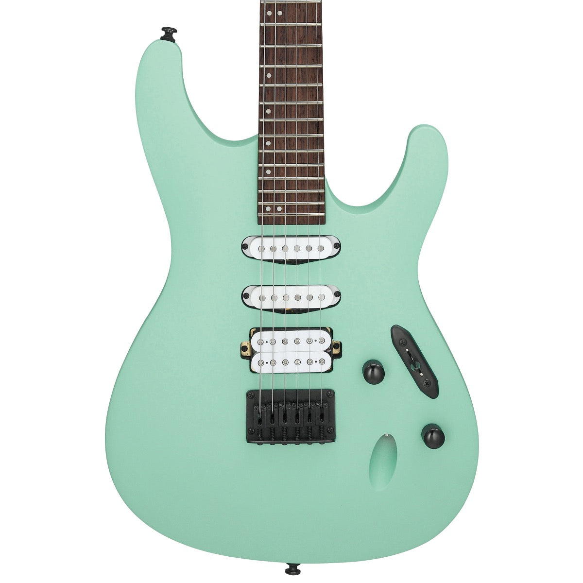 Close-up top view of Ibanez S561 S Standard Electric Guitar - Sea Foam Green showing body and portion of fingerboard