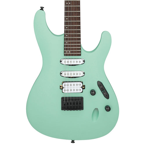 Close-up top view of Ibanez S561 S Standard Electric Guitar - Sea Foam Green showing body and portion of fingerboard