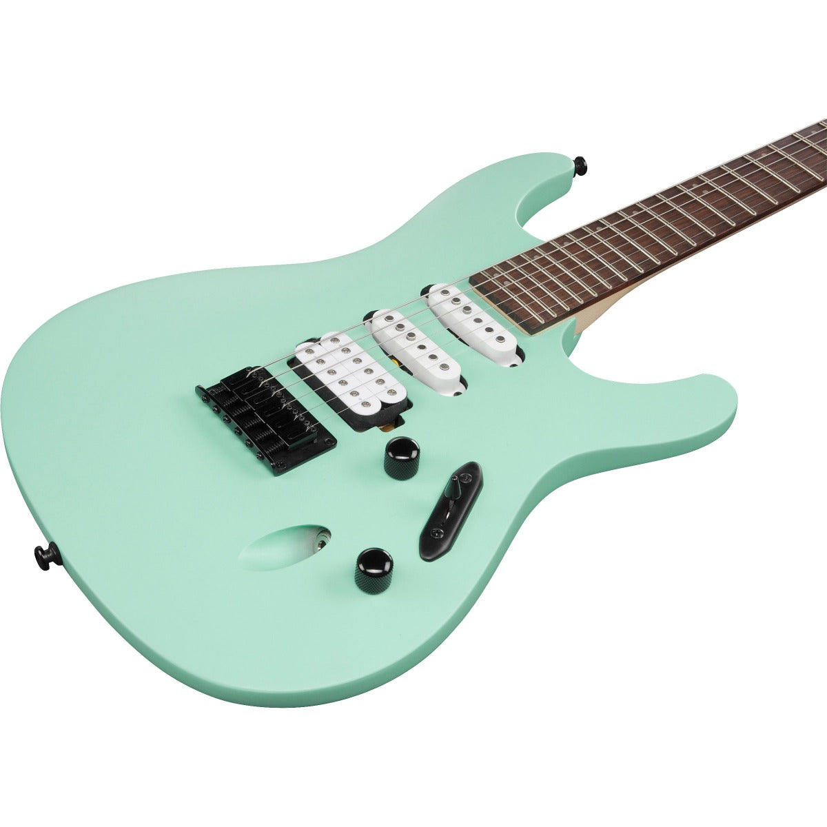 Close-up perspective view of Ibanez S561 S Standard Electric Guitar - Sea Foam Green showing top and right side of body and portion of fingerboard