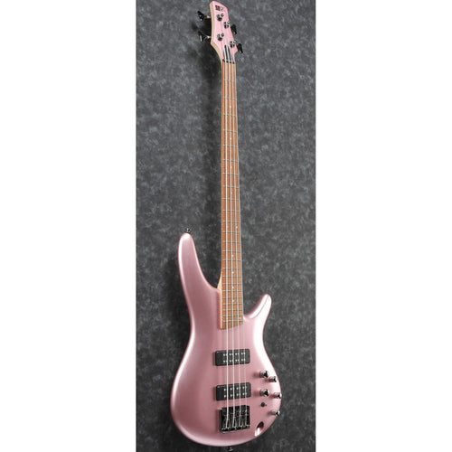 Perspective view of Ibanez SR300E Bass Guitar - Pink Gold Metallic showing top and left side