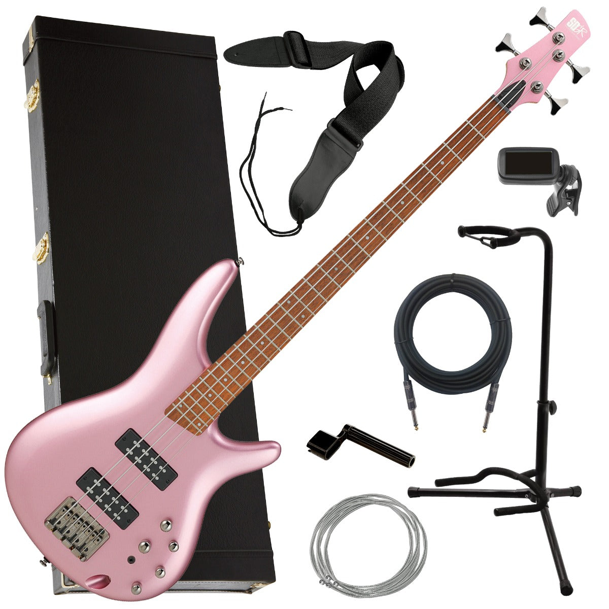 Collage image of the Ibanez SR300E Bass Guitar - Pink Gold Metallic COMPLETE BASS BUNDLE