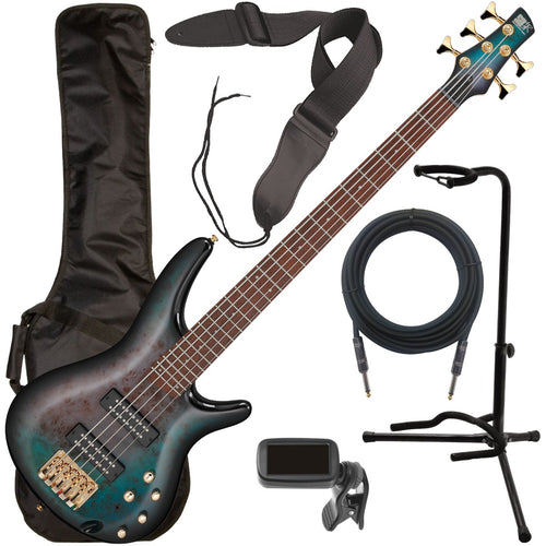 Collage of the components in the Ibanez SR405EPBDX 5-String Bass Guitar - Jatoba, Tropical Seafloor Burst BASS ESSENTIALS BUNDLE