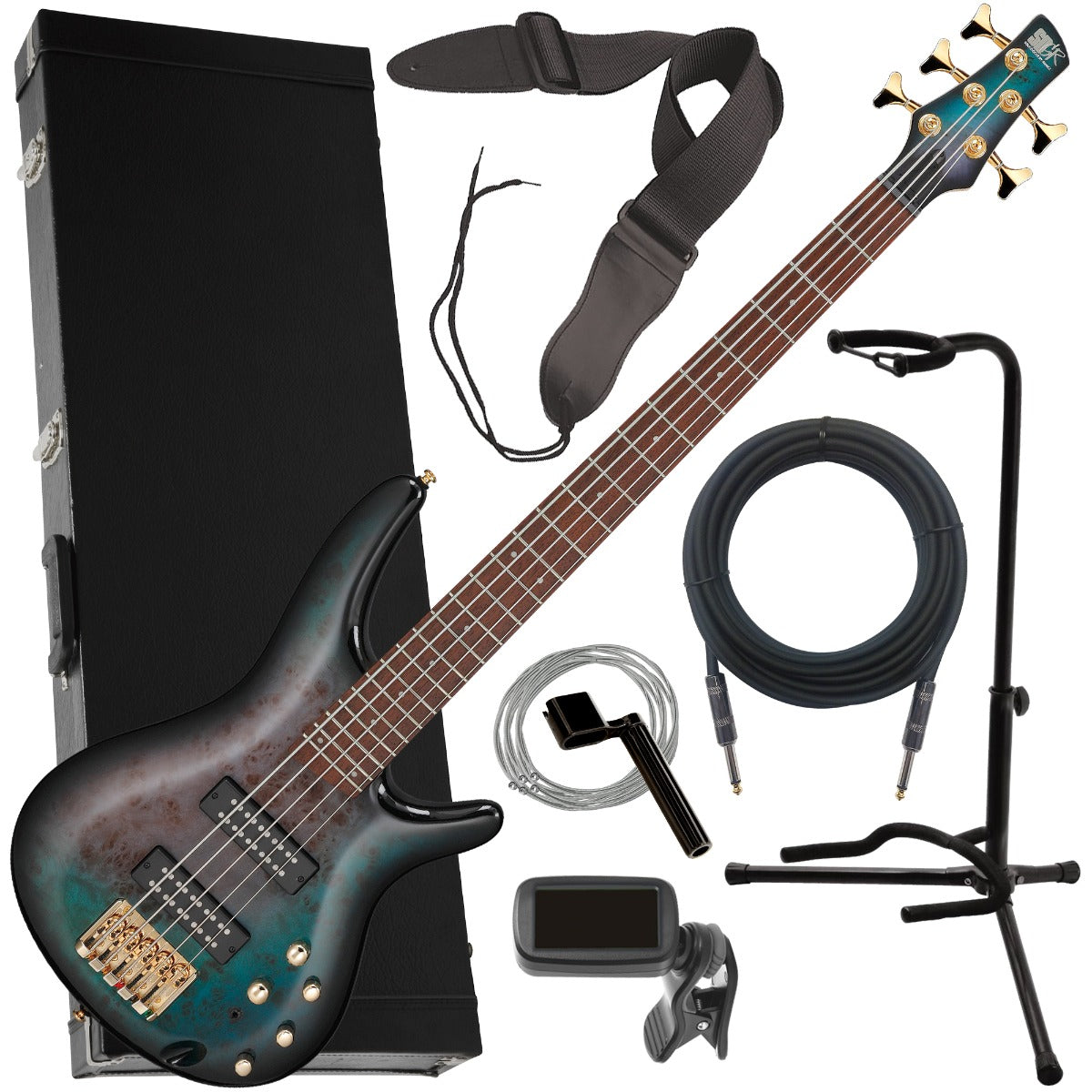 Collage of the components in the Ibanez SR405EPBDX 5-String Bass Guitar - Jatoba, Tropical Seafloor Burst COMPLETE BASS BUNDLE