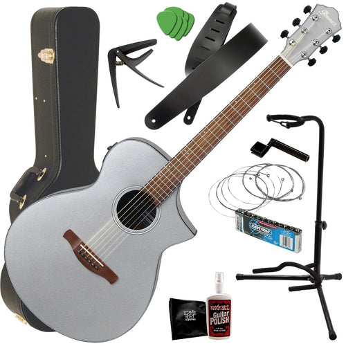 Bundle collage image of Ibanez AEWC10 Acoustic-Electric Guitar - Silver COMPLETE GUITAR BUNDLE