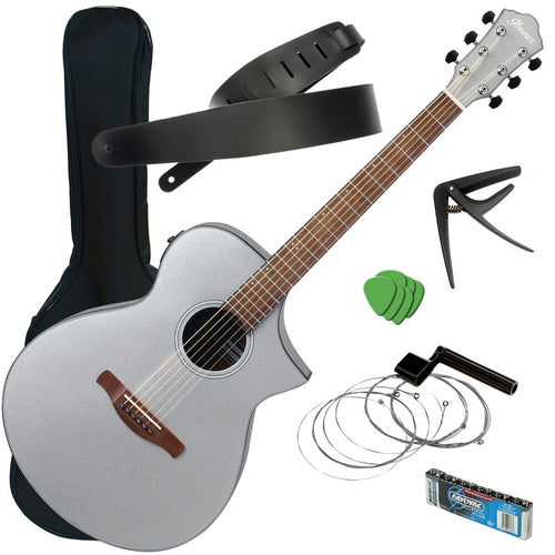 Bundle collage image of Ibanez AEWC10 Acoustic-Electric Guitar - Silver GUITAR ESSENTIALS BUNDLE
