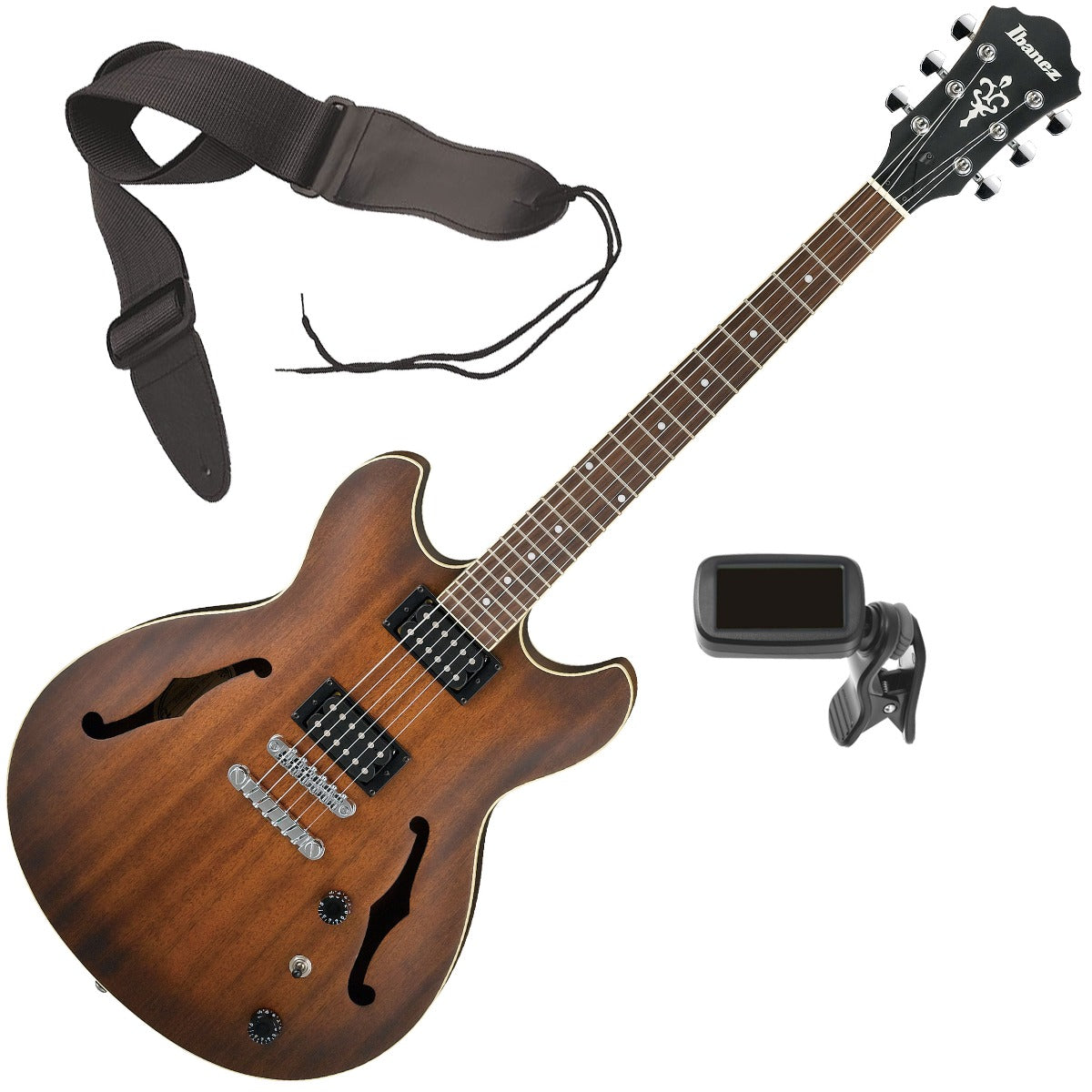 Collage image of the Ibanez AS53 Artcore Semi-Hollow Guitar - Tobacco BONUS PAK bundle
