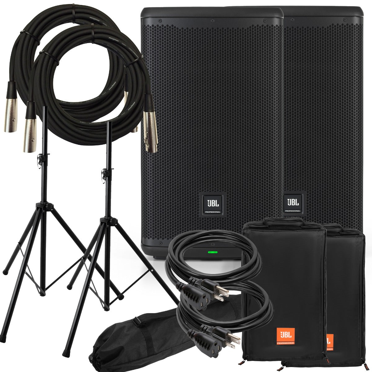 Collage of the components in the JBL EON710 10-inch Powered PA Speaker AUDIO ESSENTIALS BUNDLE