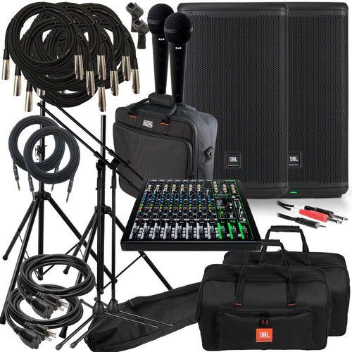 Collage of the components in the JBL EON712 12-inch Powered PA Speaker COMPLETE AUDIO BUNDLE