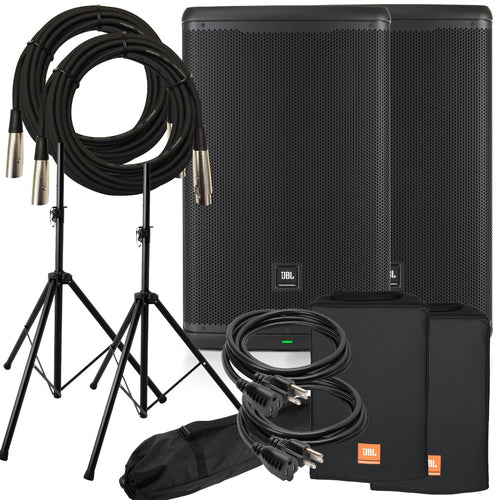 Collage of the components in the JBL EON715 15-inch Powered PA Speaker AUDIO ESSENTIALS BUNDLE