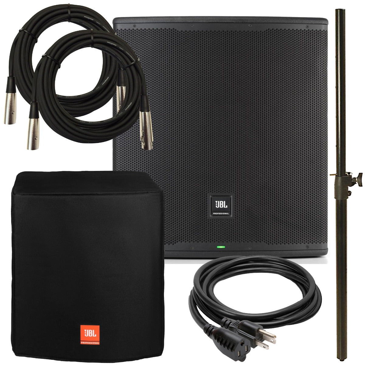 Collage of the components in the JBL EON718S 18-inch Powered Subwoofer STAGE KIT bundle