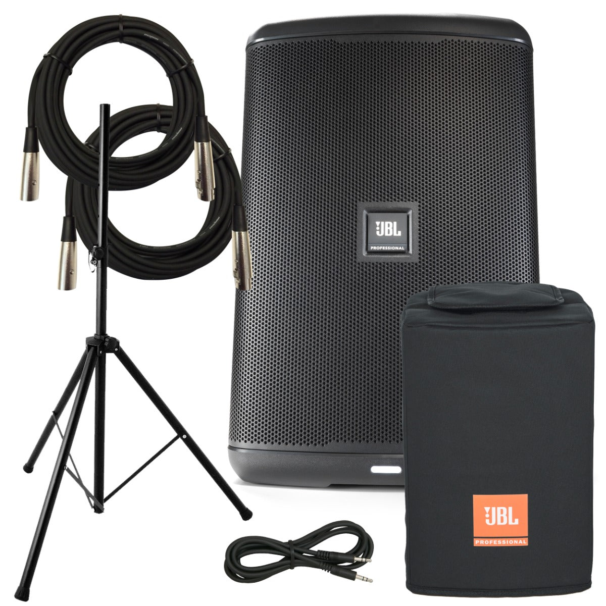 Collage of the components in the JBL EON ONE Compact Portable PA Speaker AUDIO ESSENTIALS BUNDLE