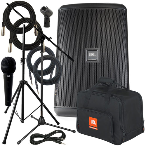 Collage of the components in the JBL EON ONE Compact Portable PA Speaker COMPLETE AUDIO BUNDLE
