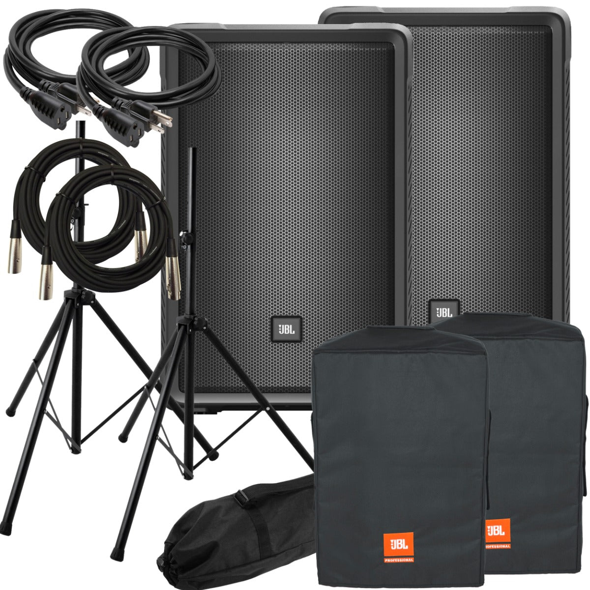 Collage of the components in the JBL IRX112BT Powered PA Speaker AUDIO ESSENTIALS BUNDLE