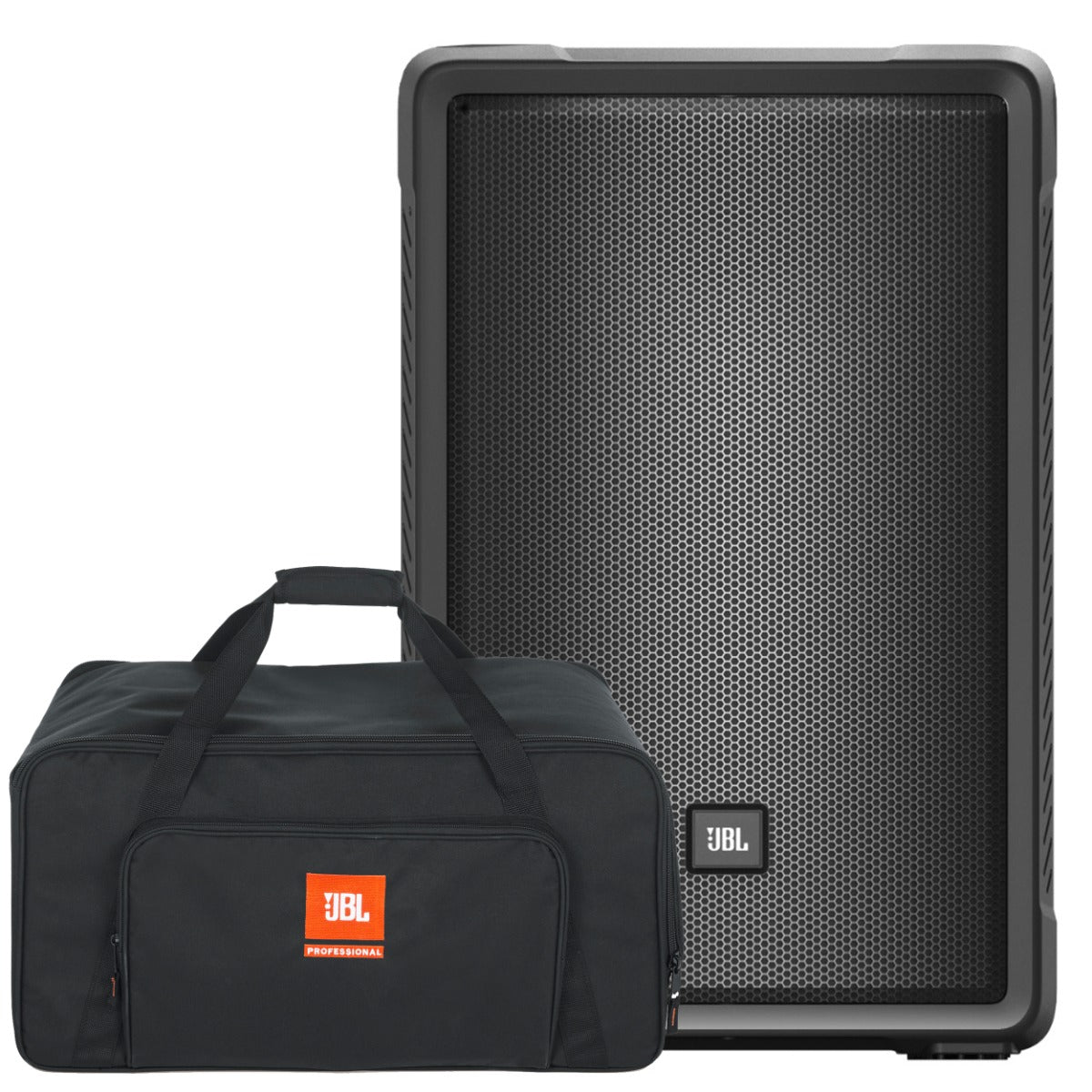 Collage of the components in the JBL IRX112BT Powered PA Speaker CARRY BAG KIT bundle